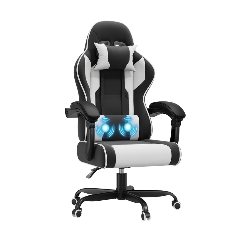 JUMMICO Ergonomic Gaming Chair with Massage Function,Racing Style High Back Reclining 135°, PU Leather Home Office PC Gaming Chair 150 kg - Black White