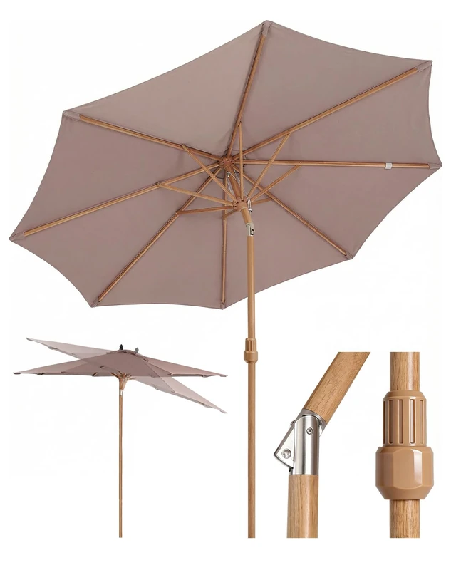Sekey Parasol 300 cm Wood Look with Auto Tilting, 180 g/m² Polyester UV50+, Balcony Parasol with Iron Pole 48 mm and 8 Steel Struts (14 x 20 mm), for Garden, Balcony, Patio, cream, 300 cm - Image 1