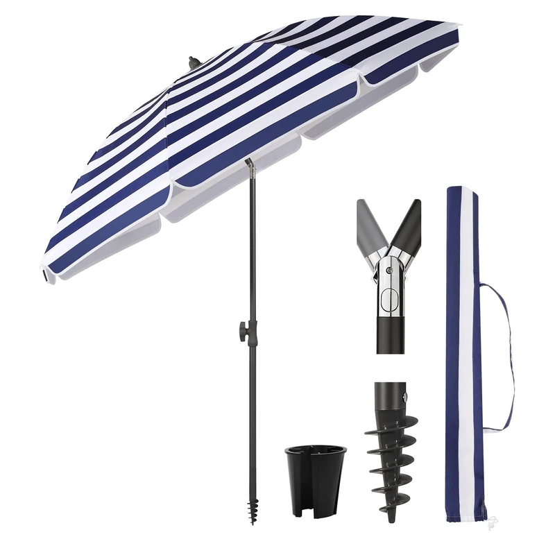 Sekey Balcony Parasol with Ground Sleeve and Protective Cover, Tilt and Height Adjustment, Beach Parasol for Balcony, Garden & Patio, Round Sun Protection UPF 50+, Blue and white stripes, 160cm