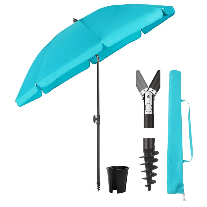 Sekey Balcony Parasol with Ground Sleeve and Protective Cover, Tilt and Height Adjustment, Beach Parasol for Balcony, Garden & Patio, Round Sun Protection UPF 50+, turquoise, 160cm