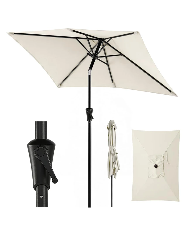 Sunula Rectangular Parasol, Garden Umbrella, Patio Umbrella with Crank System, 38 mm Steel Tube & 12 x 18 mm Oval Struts, Market Umbrella, Sun Protection for Balcony, Garden, cream, 210 × 140 cm