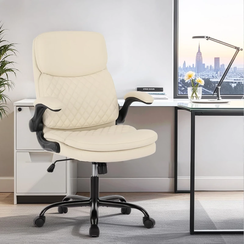 COLAMY Home Office Desk Chair 125kg, Executive Leather Office Chair with Padded Flip-up Arms, Adjustable Height and Tilt Lock, Tufted Ivory