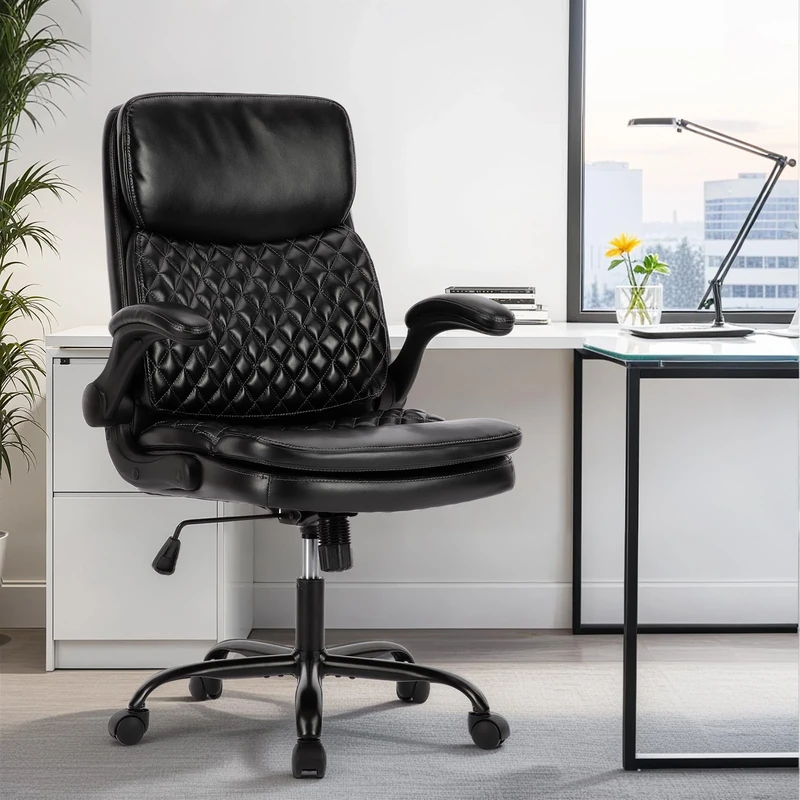COLAMY Home Office Desk Chair 125kg, Executive Leather Office Chair with Padded Flip-up Arms, Adjustable Height and Tilt Lock, Tufted Black