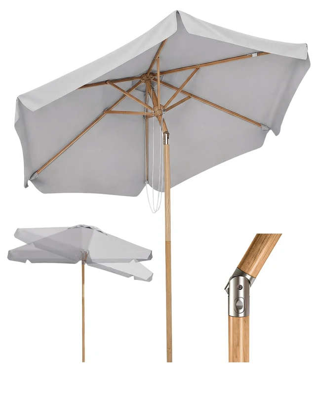 Sekey Parasol Balcony Wood Look with Tilt Angle (Aluminium Swivel), Iron Pole 38 mm & 6 Steel Struts, Double Rope, Beach Parasol for Balcony, Patio, UPF 50+ Sun Protection, gray, 200 cm