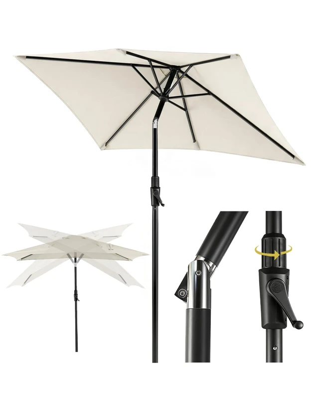 Sekey Rectangular Parasol 210 x 140 cm, Balcony Parasol with Crank and Auto Tilt, 38 mm Steel Tube & 12 x 18 mm Oval Struts, Market Umbrella, Sun Protection for Balcony, Garden