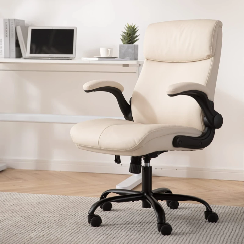 COLAMY Office Desk Chair with Padded Flip-up Armrest, Adjustable Height Bonded Leather Swivel Rolling Metal Base for Home Office Conference Room, Ivory