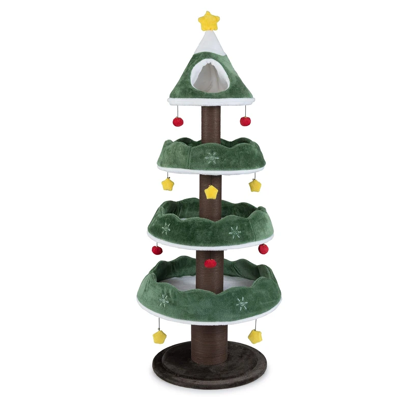 GYMAX Multi-level Cat Tree, 179cm Christmas Tree Shape Kitty Tower with Plush Perch, 3 Platforms, Scratching Posts & Hanging Toys, Indoor Cat Activity Center Festival Decoration