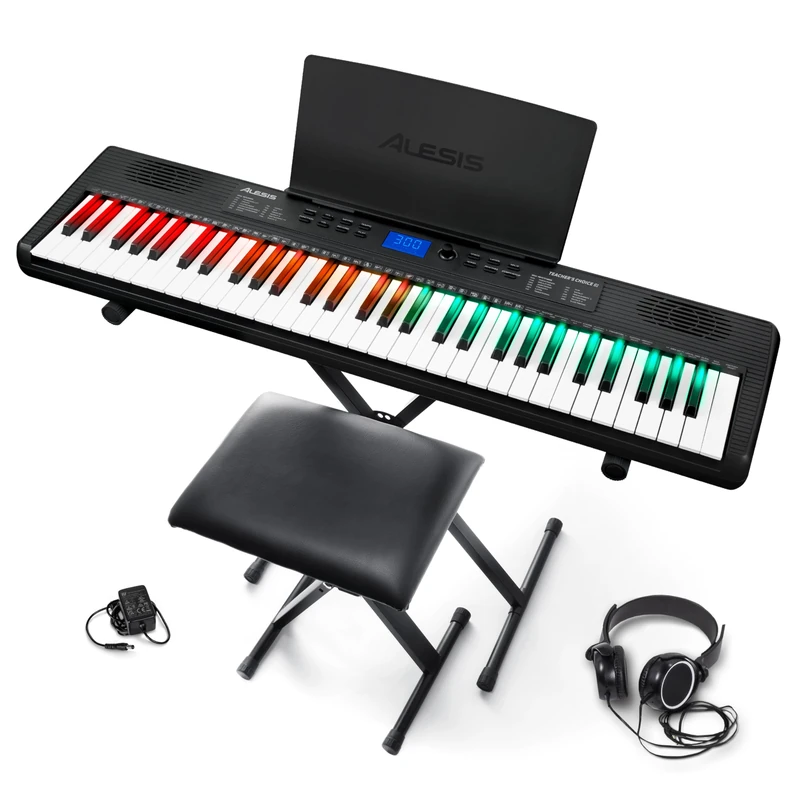 Alesis Teacher’s Choice 61 keyboard piano with 61 light up keys, stand, bench, headphones, and music lessons