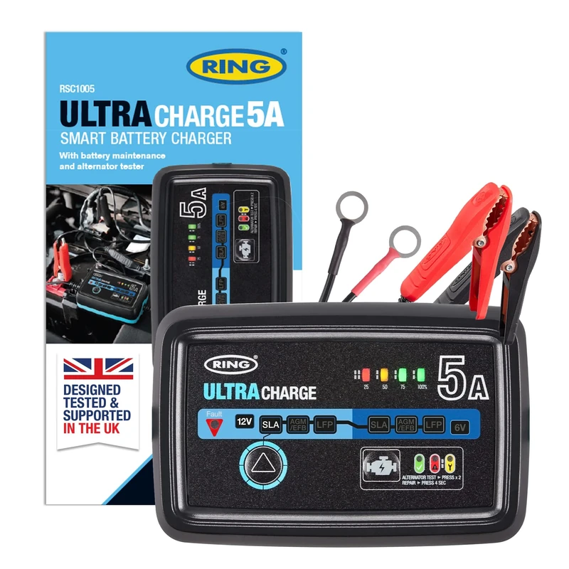 RING ULTRACHARGE 5A Smart Car Charger & Battery Maintainer With Built-In Alternator Testing - Compatible With Lithium Ion, Lead Acid, Gel, EFB & AGM Batteries (6V & 12V Compatible)