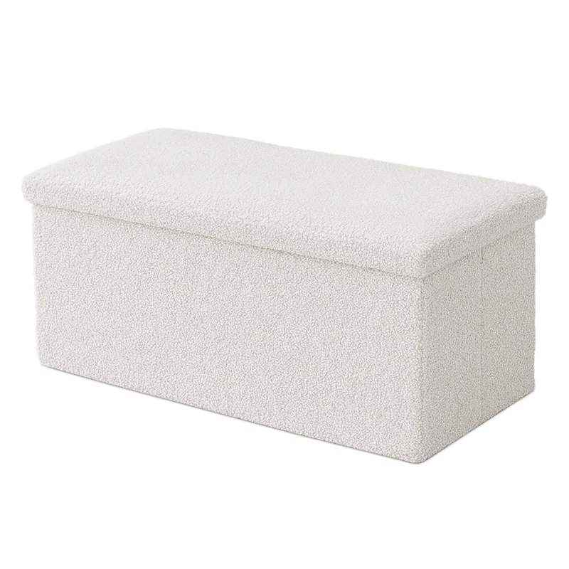 Relaxdays folding storage bench, teddy fabric, upholstered, hallway, bedroom, HWD: 38x76x38 cm, white