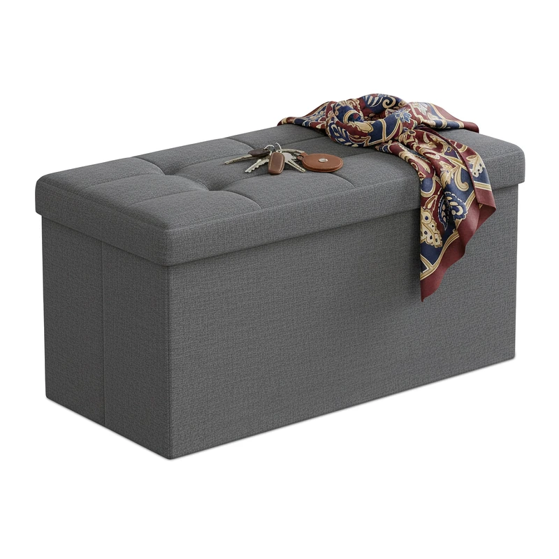 Relaxdays storage bench, foldable, upholstered fabric, hallway, bedroom, HWD 38 x 76 x 38 cm, seating trunk, dark grey