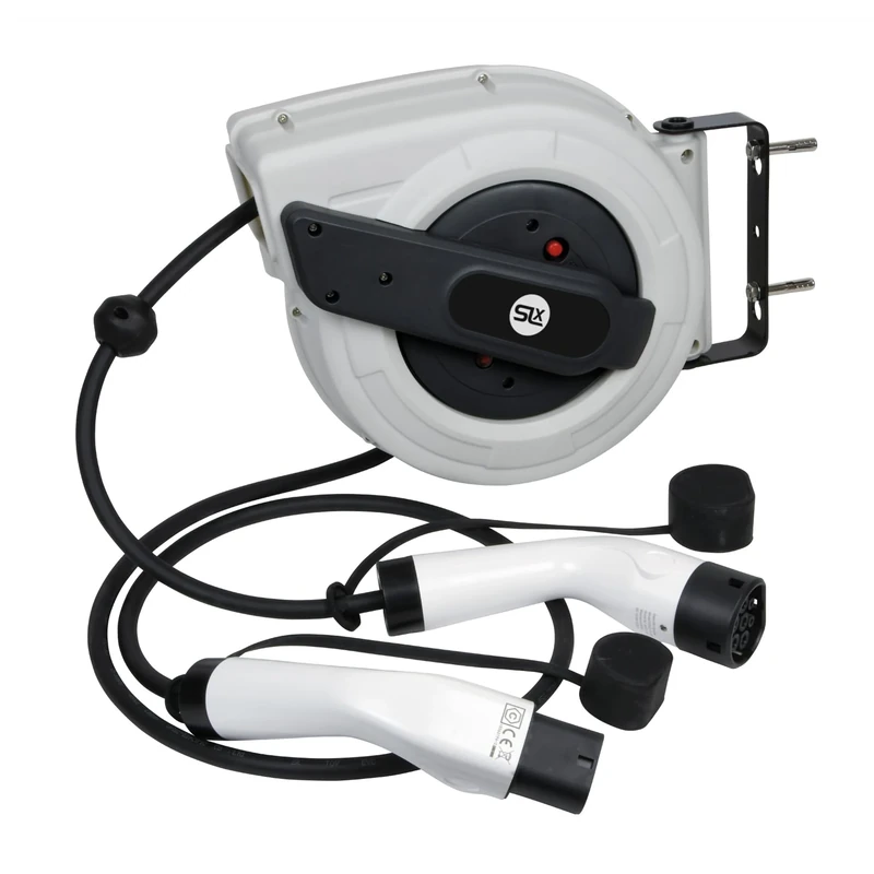 SLx EV Charger Cable Reel 8m 11kW Type 2 Heavy Duty Retractable EV Charging Cable with Thermal Cut-Out, IP55 Weather Protection, Wall Mount Bracket for Home Charging