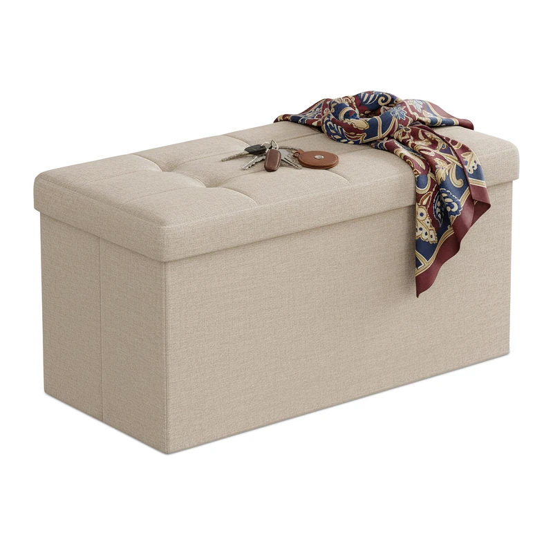 Relaxdays storage bench, fabric, foldable, padded, hallway, bedroom, HWD 38 x 76 x 38 cm, seat trunk, beige