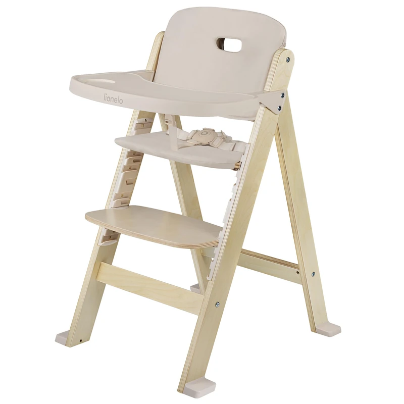 LIONELO Floris 3in1 Feeding high Chair for Baby from 6 Months to Older Child, up to 40 kg Highchair Made of Birch Wood 4-Step seat and footrest Adjustment, Detach-Adjustable Tray, Harnes (Beige)