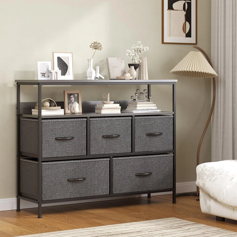 Feonase Chest of Drawers, 5 Drawers Dresser with TV Stand, Metal Frame and MDF Top Board, Adjustable Feet, Storage Unit Ideal for Bedroom, Living Room, Closet, Hallway, Deep Grey