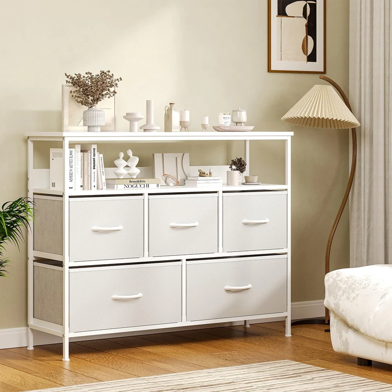 Feonase Chest of Drawers, 5 Drawers Dresser with TV Stand, Metal Frame and MDF Top Board, Adjustable Feet, Storage Unit Ideal for Bedroom, Living Room, Closet, Hallway, White