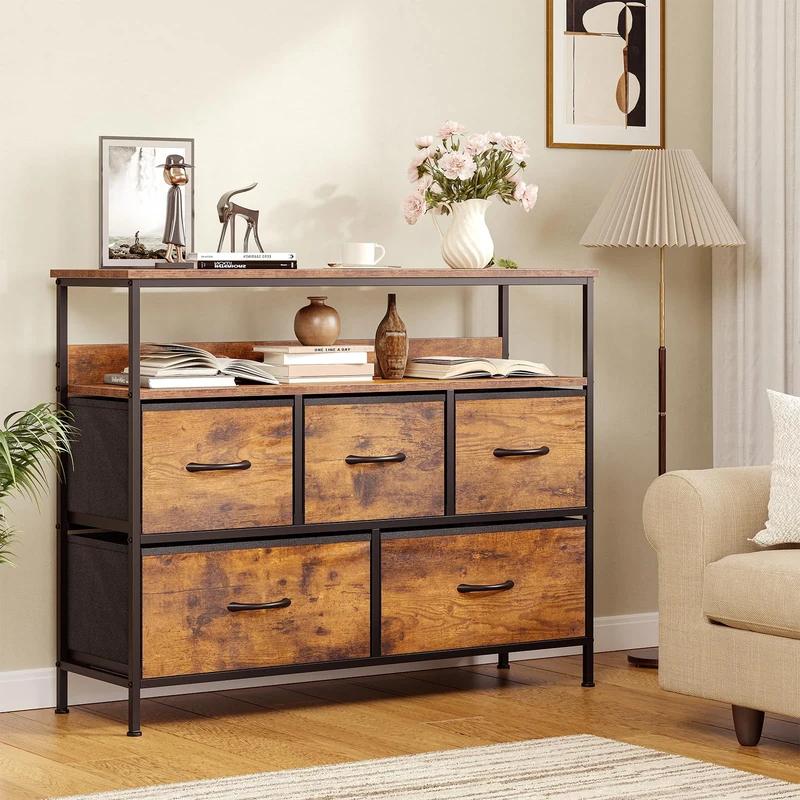 Feonase Chest of Drawers, 5 Drawers Dresser with TV Stand, Metal Frame and MDF Top Board, Adjustable Feet, Storage Unit Ideal for Bedroom, Living Room, Closet, Hallway, Rustic Brown