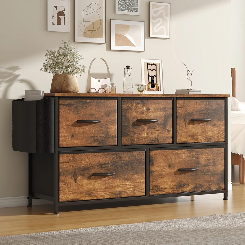 Feonase Fabric 5 Drawer Storage Cabinet with Side Pocket – Wide Dresser Chest for Bedroom, Hallway, Nursery & Closet, Metal Frame & Wood Top, Lightweight Storage Unit Rustic Brown