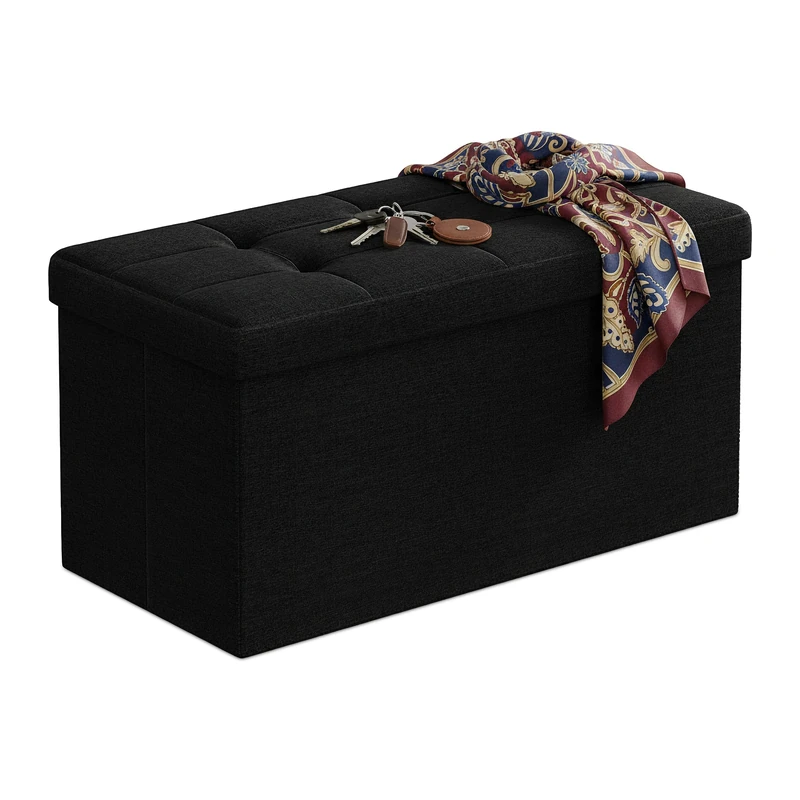 Relaxdays storage bench, foldable, upholstered, fabric, hallway, bedroom, HWD 38 x 76 x 38 cm, black