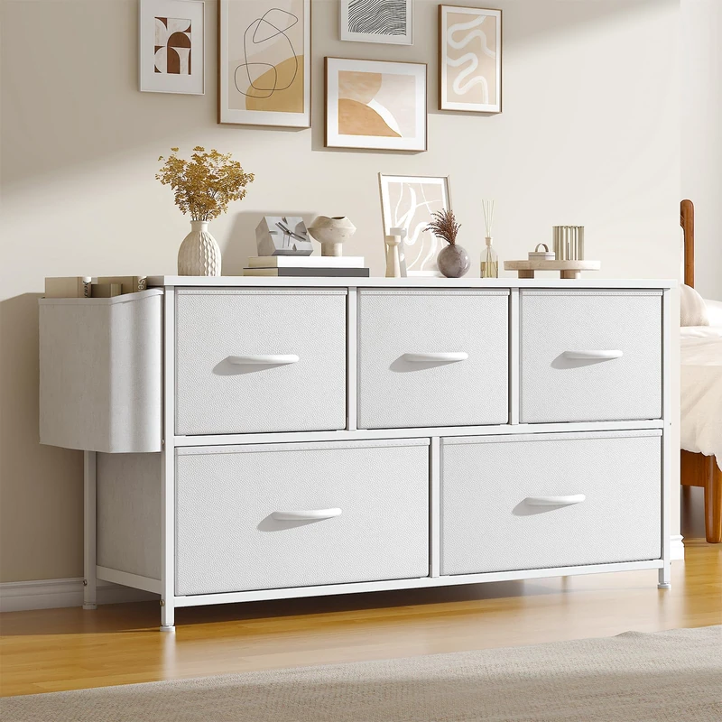 Feonase Fabric 5 Drawer Storage Cabinet with Side Pocket – Wide Dresser Chest for Bedroom, Hallway, Nursery & Closet, Metal Frame & Wood Top, Lightweight Storage Unit White