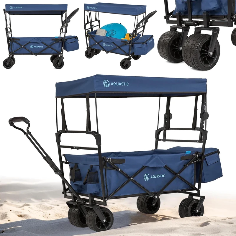 AQUASTIC Folding Transport Trolley 106 L, Load 90 kg, PU Wheels 16 × 10 cm, Canopy, Harness, Ergonomic Handle, Bag and Carry Case – Black