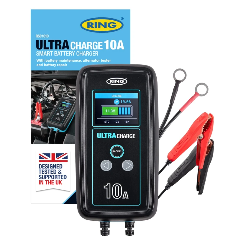 RING ULTRACHARGE 10A Smart Car Charger & Battery Maintainer With Alternator Testing And Power Supply Mode - Compatible With Lithium Ion, Lead Acid, Gel, EFB & AGM Batteries (6V & 12V Compatible)