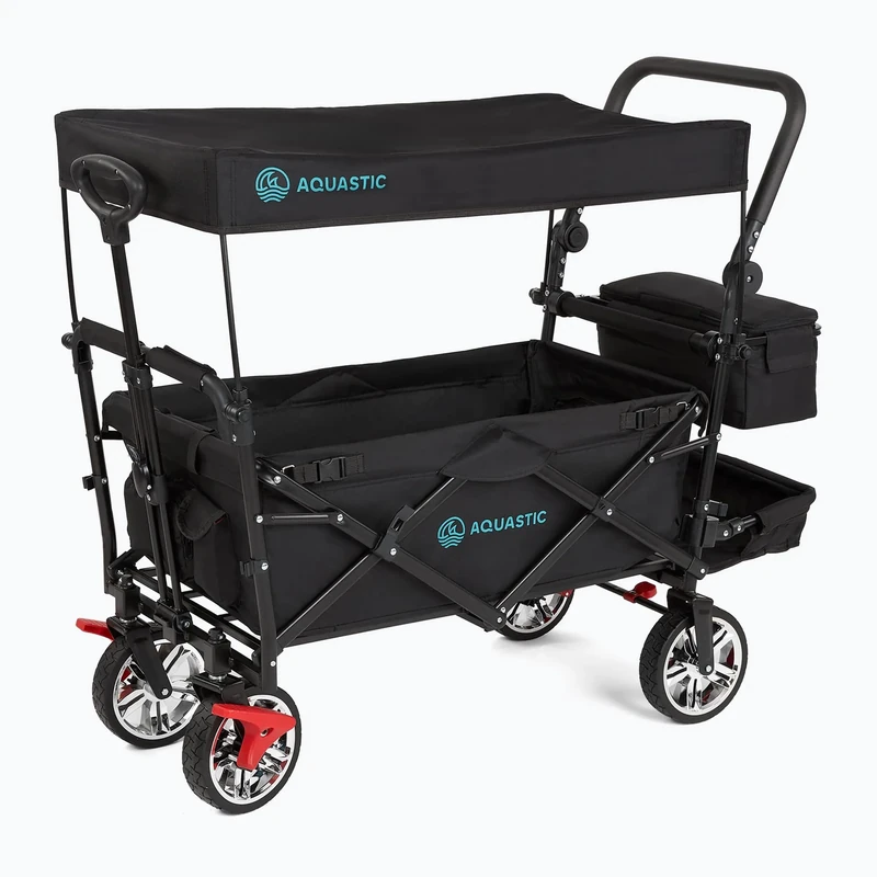 AQUASTIC 109L Folding Transport Trolley, 90kg Load, Wide Rubber Wheels with Brakes, Canopy, Harness, Insulated Bag and Cover - Black
