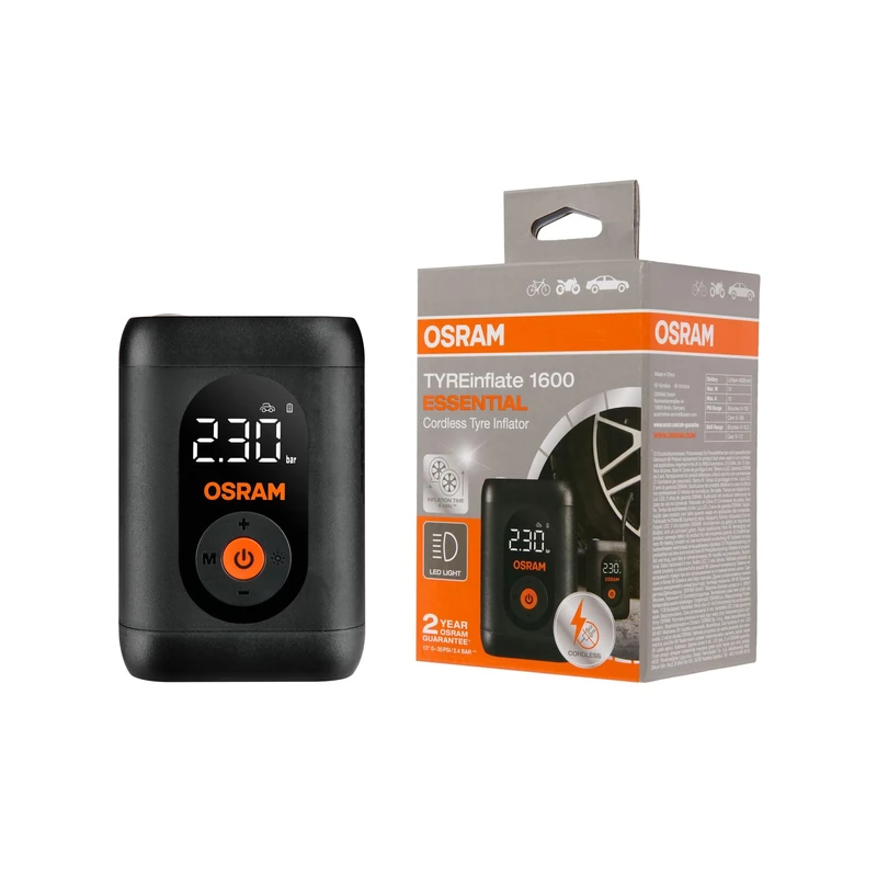 OSRAM TYREInflate 1600 ESSENTIAL, Cordless Rechargeable Digital Tyre Inflator - Inflates Tyres in 6 Minutes, 20cm Flexible Hose