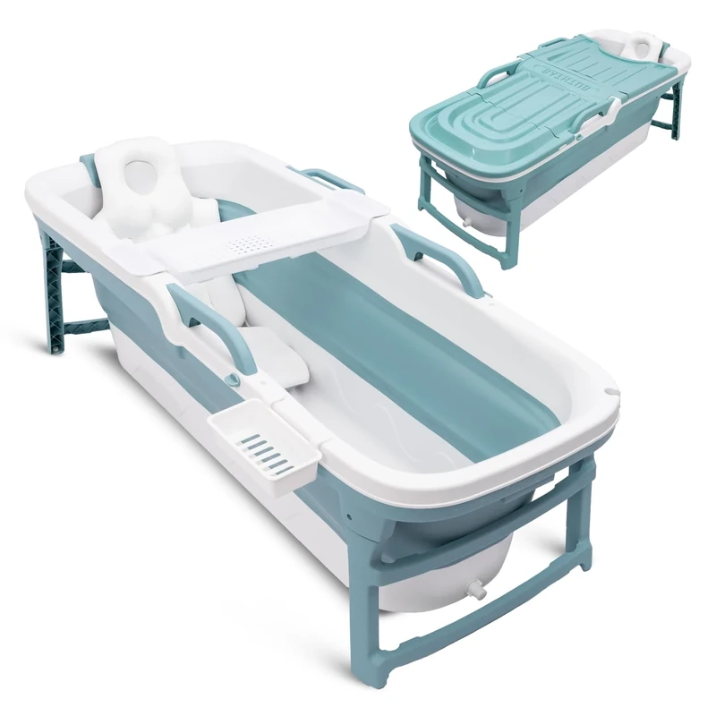SereneLife Freestanding Portable Bathtub Spa Set – Large 59" Foldable Bath, Cushion, Stretchable Drain Pipe, Massager Rollers, Cleaning Spray & Storage Bag, Blue