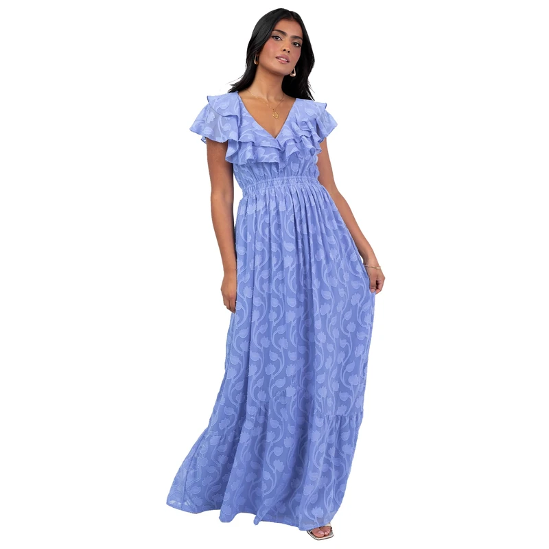 Lovedrobe Women's Maxi Dress Ladies V-Neck Ruffle Flutter Sleeve A-line Floral Burnout Elasticated Empire Waist Boho Keyhole, Blue 26