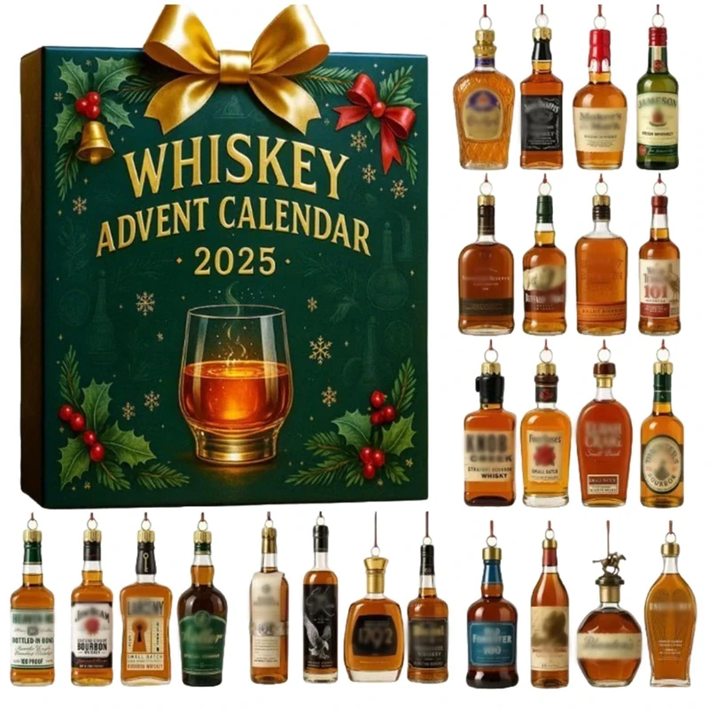 Whiskey Advent Calendar 2025, Advent Calendar 2025 with 24 Mini Acrylic Whiskey Bottle Ornaments, Christmas Countdown Gifts for for Women Man, Christmas Tree Decorations Home Ornaments