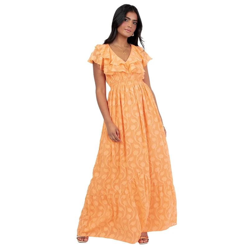 Lovedrobe Women's Maxi Dress Ladies V-Neck Ruffle Flutter Sleeve A-line Floral Burnout Elasticated Empire Waist Boho Keyhole, Orange 16