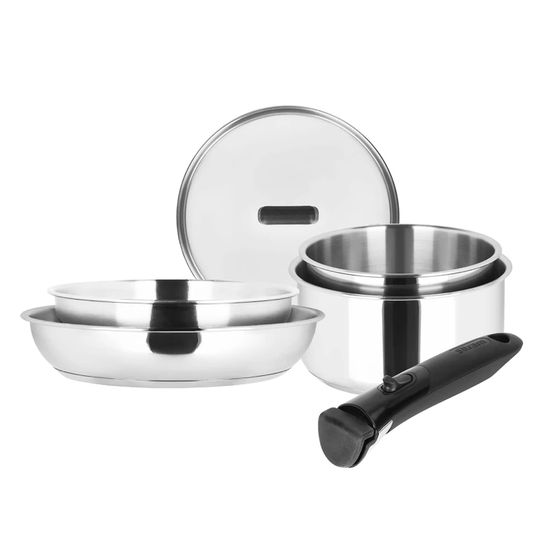 Sitram 717373 6-Piece 100% Stainless Steel Cookware Set - 1 Removable Handle, 2 Saucepans Diameter 18.22 cm, 2 Frying Pans Diameter 20.24 cm, 1 Glass Lid Diameter 20 cm - Suitable for All Heat Sources - Image 1