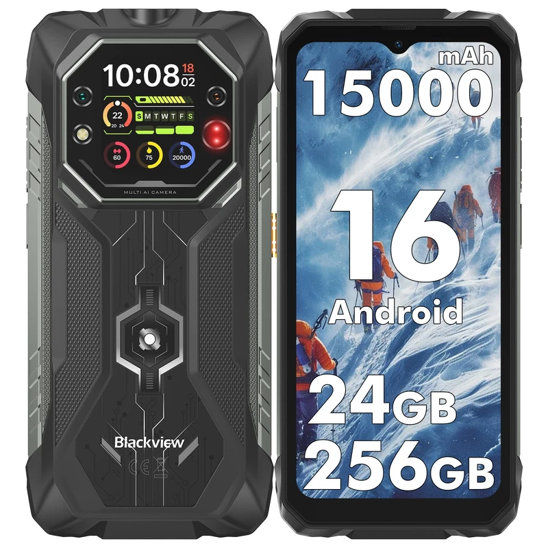 Blackview ROCK 1 Rugged Smartphone Android 16, 15000mAh 33W Rugged Phone Unlocked, 24GB + 256GB, Dual AI Cameras + 20MP Night Vision, 6.56" HD+ 2.01" Dual-Screen, IP69K/NFC/Glove Mode Waterproof Phone