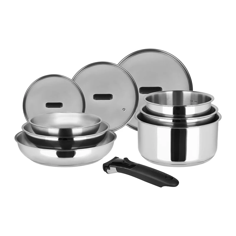Sitram 717375 100% Stainless Steel Cookware Set 10 Pieces: 3 Frying Pans Diameter 20.24.5 cm + 3 Saucepans Diameter 16.18 cm + 3 Glass Lids Diameter 16.22 cm + Removable Handle - Suitable for All Heat - Image 1