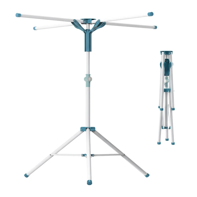 Relaxdays laundry airer, foldable, height-adjustable, 80–200 cm, 4 drying rails, camping, clothes rack, white/blue