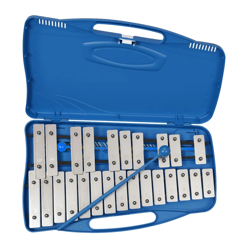 Relaxdays Glockenspiel, chromatic, 25 tone bars G5–G7, 2 mallets, xylophone in case, HWD: 4 x 38 x 23 cm, blue