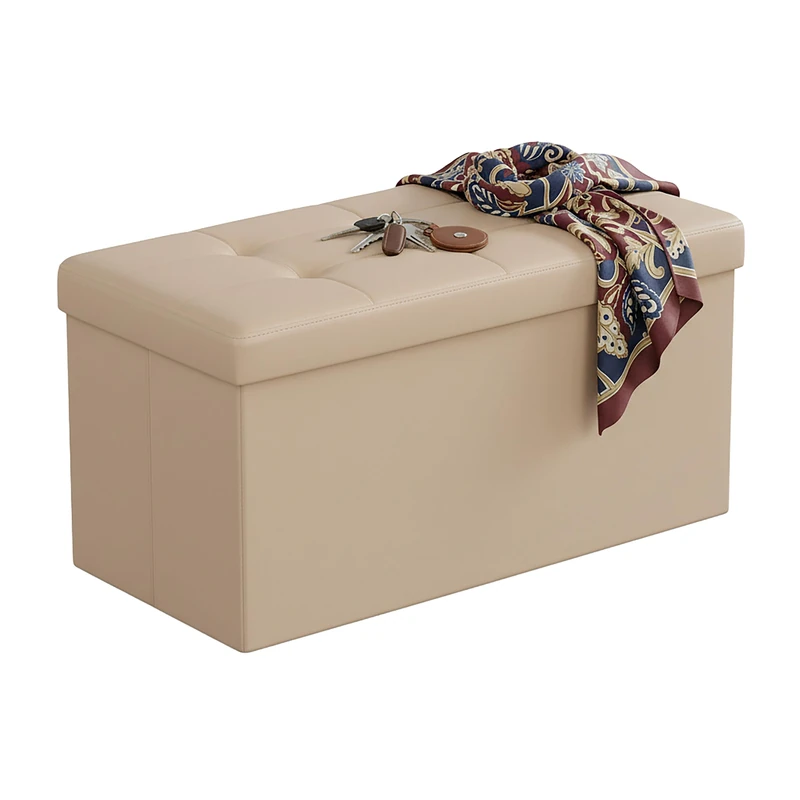 Relaxdays folding storage bench, faux leather, padded, hallway, bedroom, HxWxD: 38 x 76 x 38 cm, beige