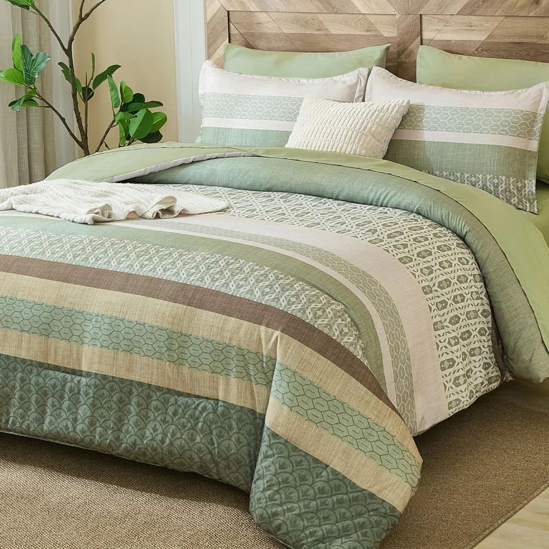 DJY Boho Comforter Set King Size,7 Pieces Bed in a Bag Burgundy Red Striped Bedding Sets,Patchwork Soft Microfiber Bedding Set for All Season(104"x90")