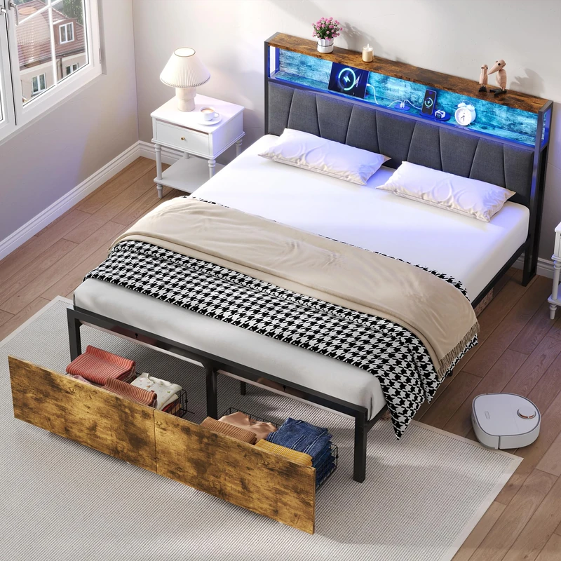 Ball & Cast 4ft6 Double Bed Frame with 2 Storage Drawers, RGB LED Storage Headboard with Charging Station, Metal Platform Bed Frame, No Box Spring Needed, Easy Assembly, Black+Walnut (No Mattress)
