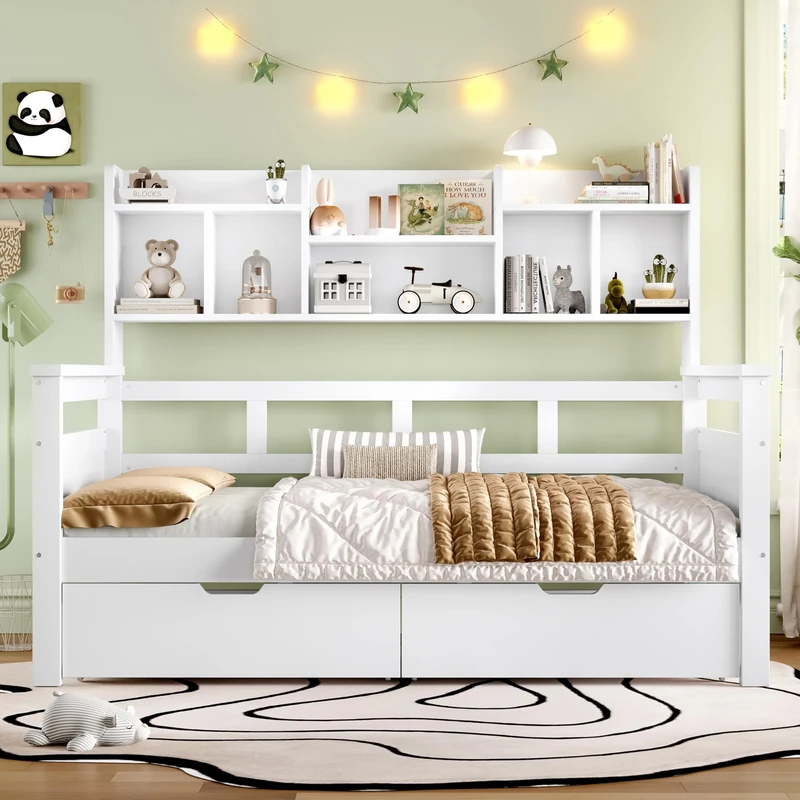 Ball & Cast 3ft Single Beds for Kids with Two Storage Drawers and Bookcase headboard, Wooden Bed Frame with Storage and Guardrail, Space-Saving Design for Bedroom, White (No Mattress)