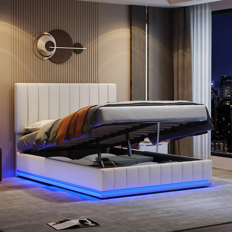 Ball & Cast Ottoman 5ft King size Bed Frame with LED Lighting, PU Leather Upholstered Bed with Hydraulic Storage, Adjustable Channel Tufted Headboard, Cream White (No Mattress)