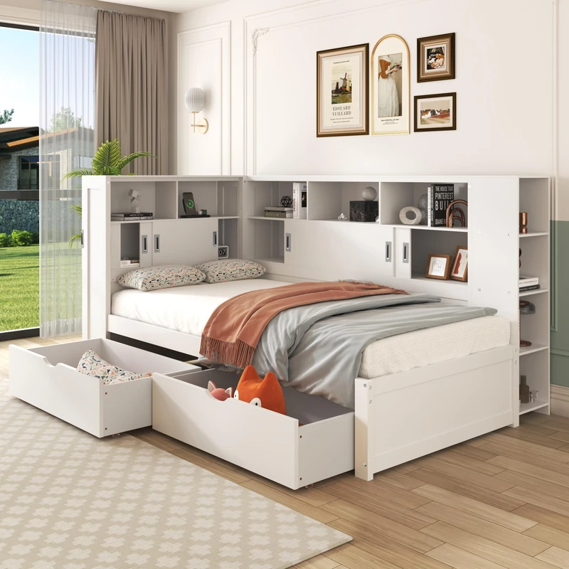 Ball & Cast Single Bed Frame with Storage Drawers, 3ft Platform Bed with Bookcase &-USB, Storage Bed with Large Storage Space, 190 x 90 cm, Pine, White, (No Mattress)