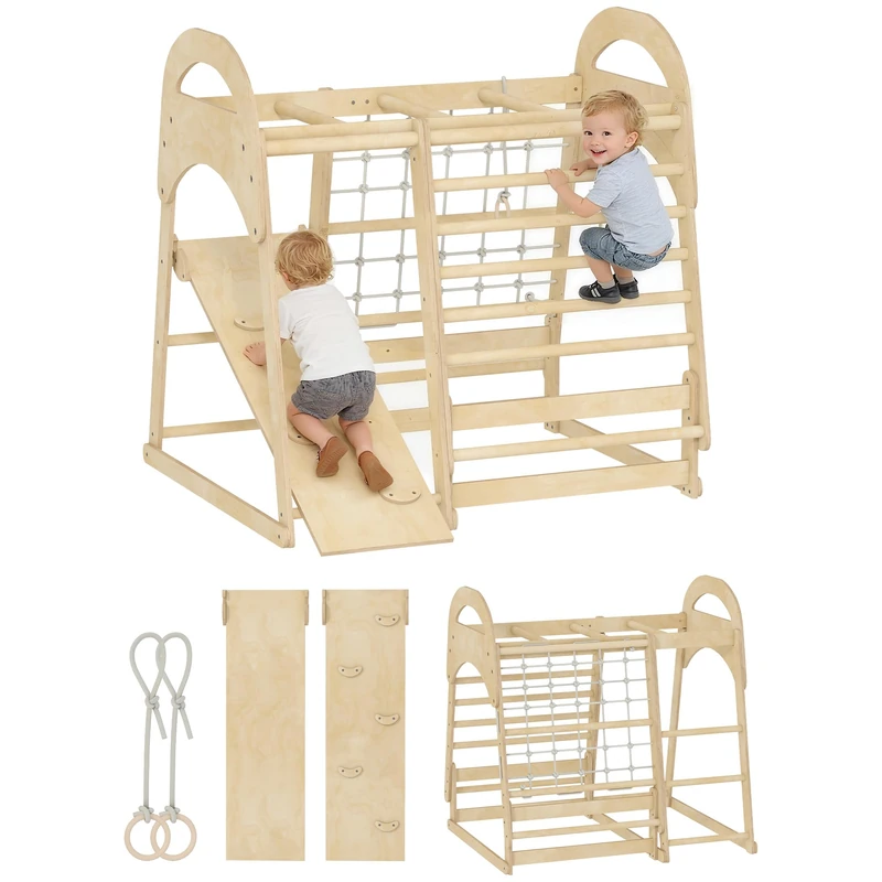 AIYAPLAY Kids Climbing Frame, 6 in 1 Wooden Jungle Gym with Slide, Monkey Bars, Gymnastics Rings, Ladder, Climbing Net, Indoor Climber Playset for 3-6 Years Old