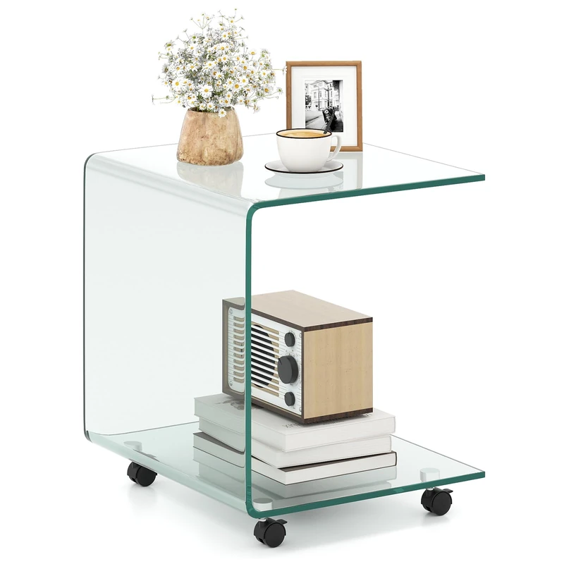 FANTASK Tempered Glass Side Table, C-Shape Coffee Table with Wheels, Modern Sofa Table, Glass Table for Living Room, Bedroom, 45 x 40 x 48 cm (Transparent)