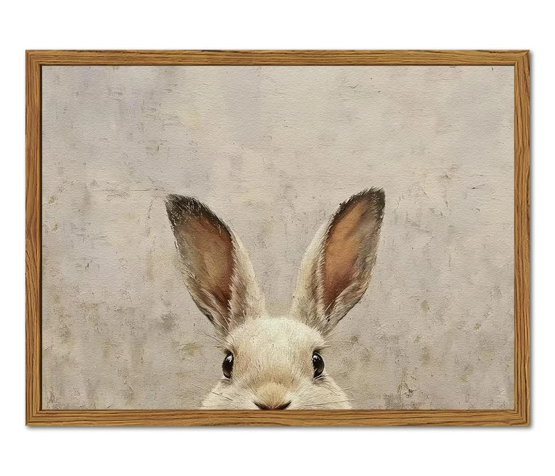 Framed Vintage Rabbit Wall Art, Cute Easter Bunny Pictures Wall Decor, 3D Sandstone Textured Farmhouse Animal Paintings Prints Cottagecore Home Decor for Living Room Bedroom Nursery 16x24 inch