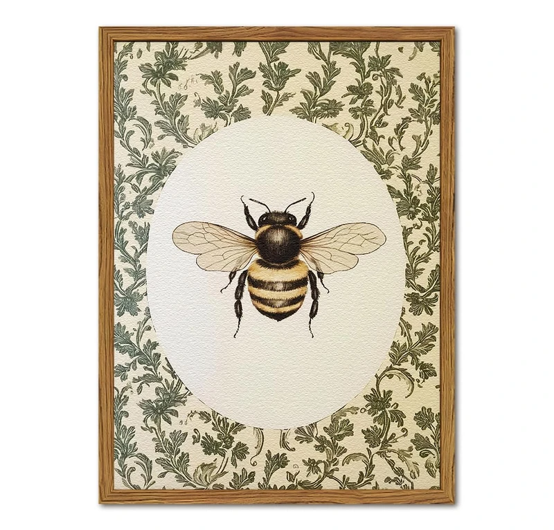 Framed Vintage Bee Wall Art, Rustic Insect Pictures Wall Decor, 3D Textured Sandstone Green Botanical Paintings Prints Cottagecore Home Decor for Living Room Bedroom Office 16x24 inch
