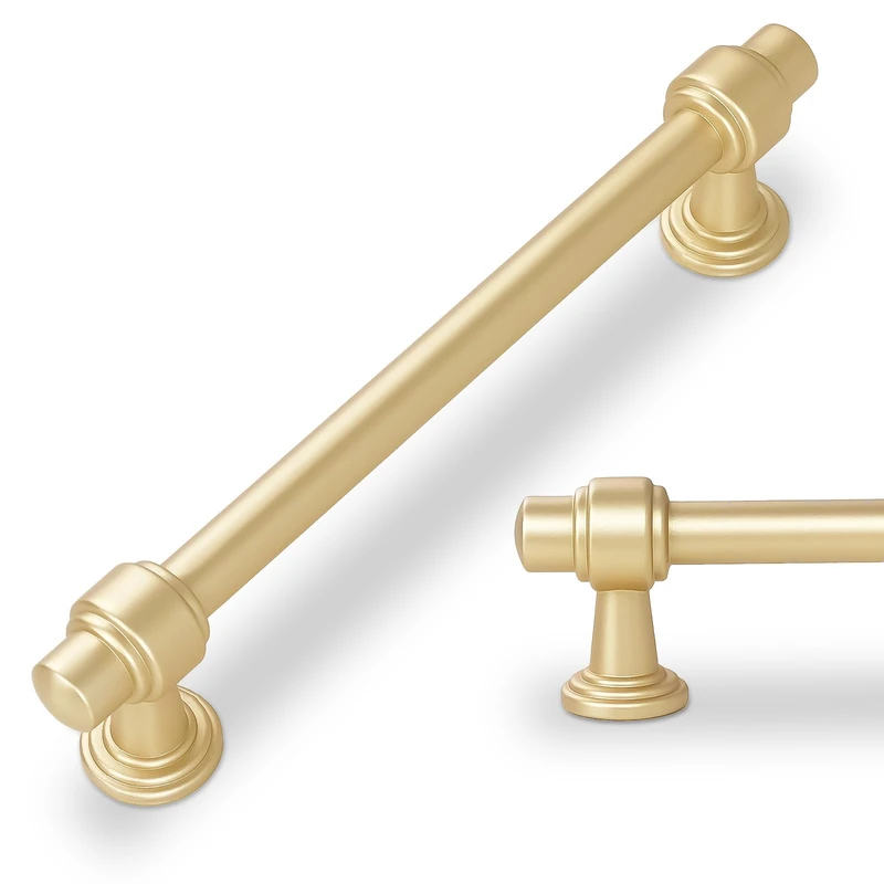 POVEFONK 10 Pack Brushed Gold Cabinet Pulls 5 Inch(128mm) Hole Center Drawer Pulls Cabinet Hardware Kitchen Cabinet Handles for Bathroom Dresser Pulls