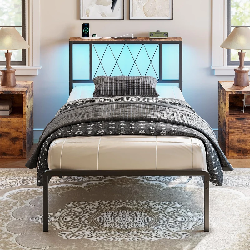 IRONCK Single Bed Frame, Headboard with Charging Station/LED Lights, 3ft Metal Bed Frame with Storage, Solid and Stable, Noise Free, No Box Spring Required, Easy Assembly