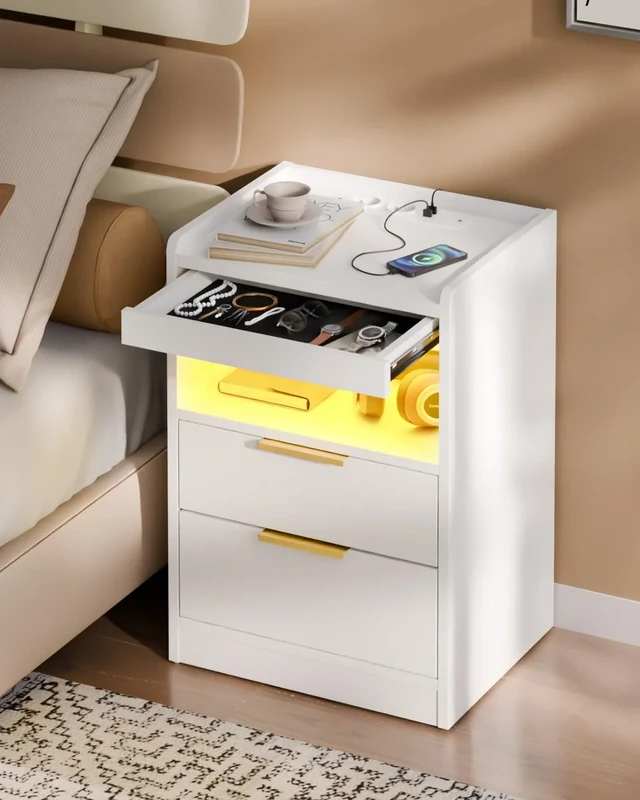 Mondeer LED Bedside Table with Hidden Drawer, Bedside Cabinet with Charging Station and 3 Drawers, Nightstand with Storage for Bedroom Living Room Office, 60 x 40 x 35 cm (White) - Image 1
